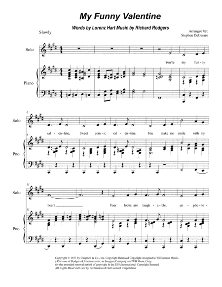 Free Sheet Music My Funny Valentine For High Medium Voice