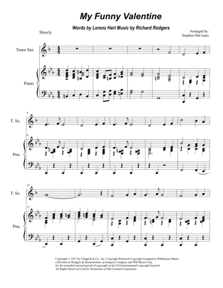 Free Sheet Music My Funny Valentine For Tenor Saxophone Solo
