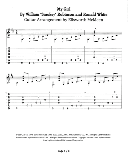 My Girl For Fingerstyle Guitar Tuned Drop D Sheet Music