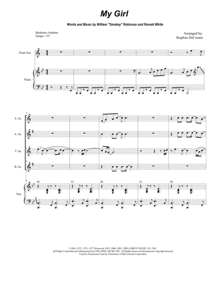 Free Sheet Music My Girl For Saxophone Quartet And Piano
