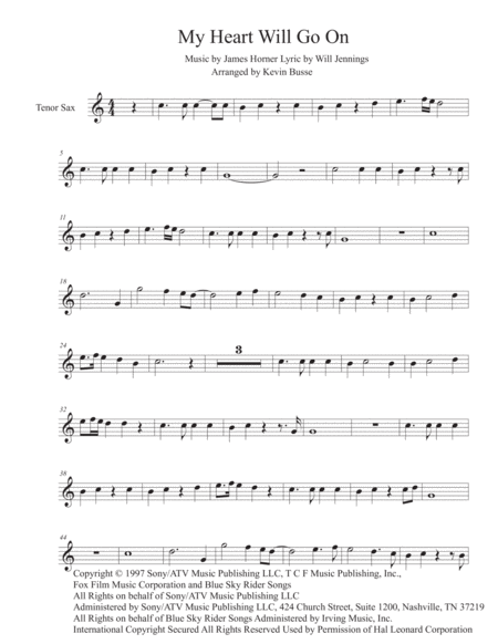 My Heart Will Go On Easy Key Of C Tenor Sax Sheet Music