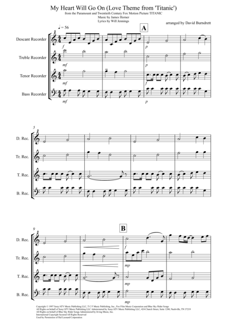 Free Sheet Music My Heart Will Go On Love Theme From Titanic For Recorder Quartet