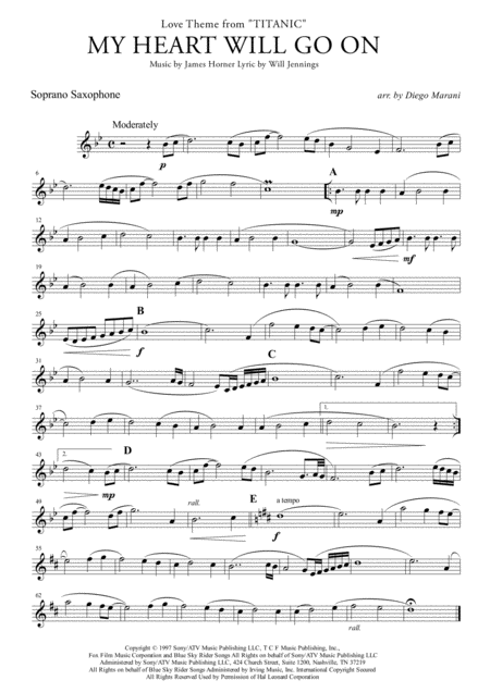 Free Sheet Music My Heart Will Go On Love Theme From Titanic For Saxophone Quintet