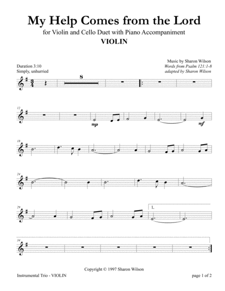 Free Sheet Music My Help Comes From The Lord Violin And Cello Duet With Piano Accompaniment
