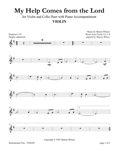 My Help Comes From The Lord Violin And Cello Duet With Piano Accompaniment Sheet Music