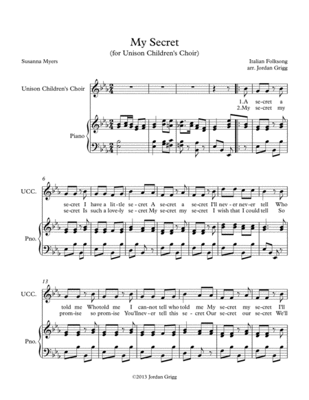 Free Sheet Music My Secret For Unison Childrens Choir