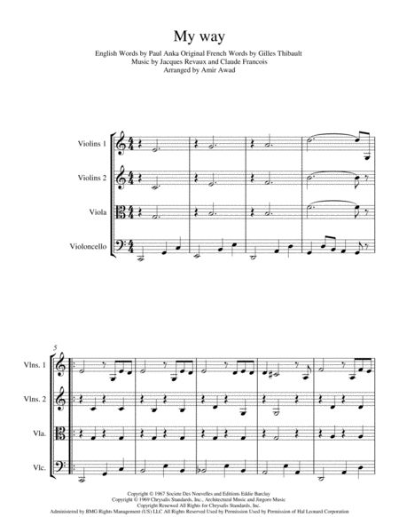 Free Sheet Music My Way Arranged For String Quartet Orchestra