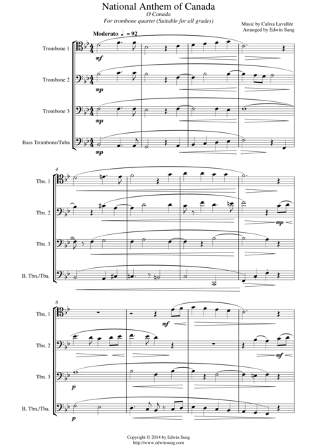 Free Sheet Music National Anthem Of Canada For Trombone Quartet Suitable For All Grades