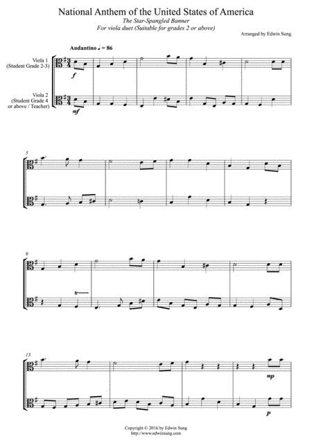 National Anthem Of The Usa For Viola Duet Suitable For Grades 2 Or Above Sheet Music