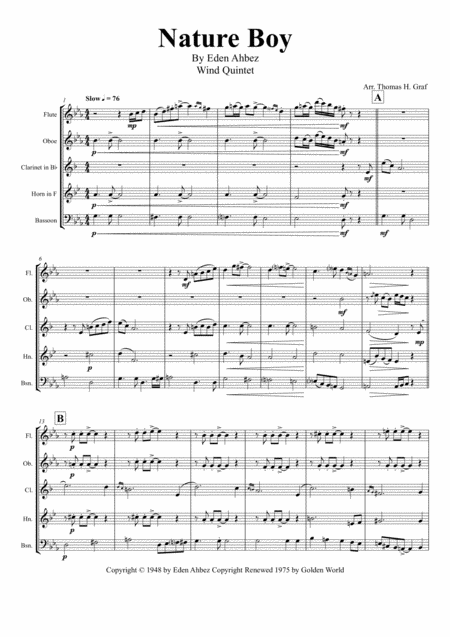 Nature Boy Nat King Cole Wind Quintet Sheet Music