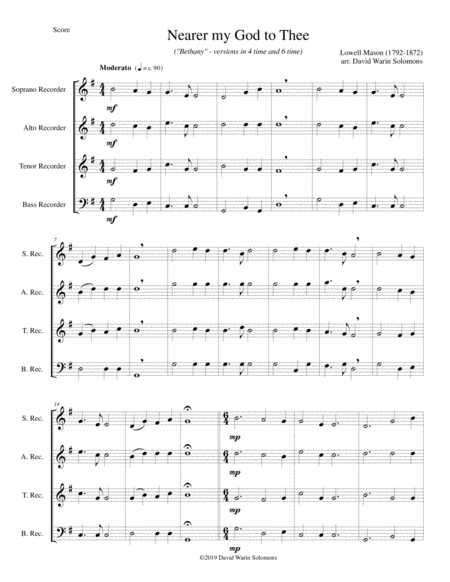 Nearer My God To Thee Bethany For Recorder Quartet Sheet Music