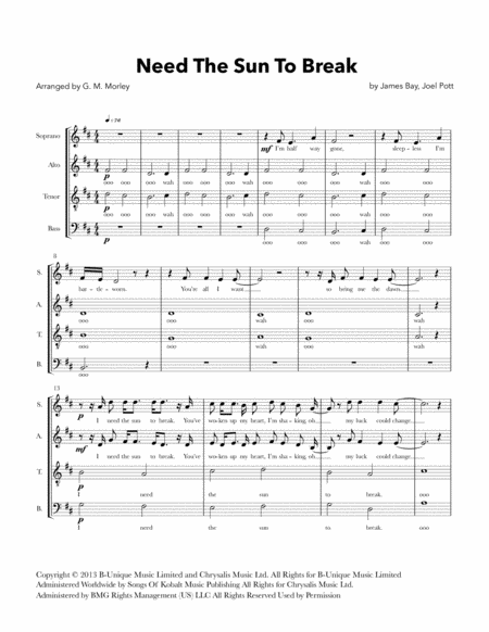 Need The Sun To Break Satb A Cappella Sheet Music