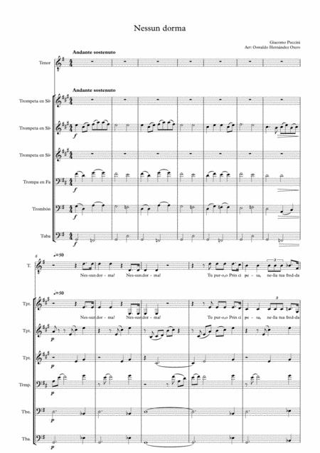 Free Sheet Music Nessun Dorma Brasses And Voice