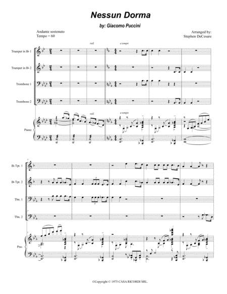 Nessun Dorma For Brass Quartet And Piano Alternate Version Sheet Music