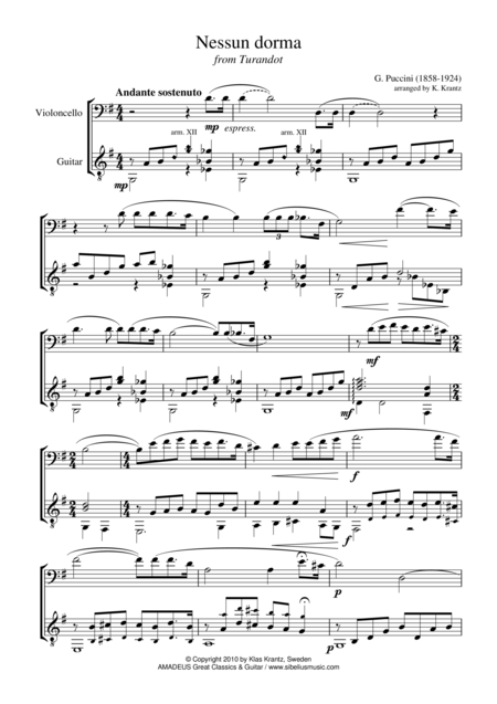 Nessun Dorma For Cello And Guitar Sheet Music