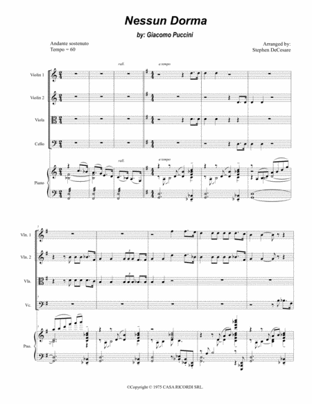 Nessun Dorma For String Quartet And Piano Sheet Music