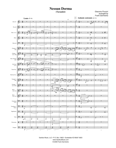 Free Sheet Music Nessun Dorma From Turandot For Concert Band