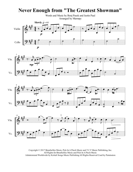 Free Sheet Music Never Enough From The Greatest Showman Arranged For String Duet