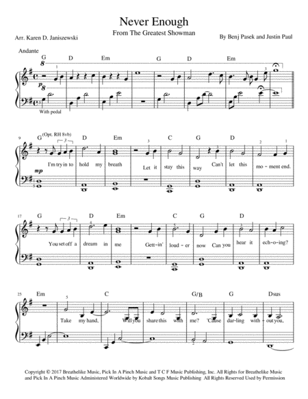 Free Sheet Music Never Enough From The Greatest Showmen Easy Piano