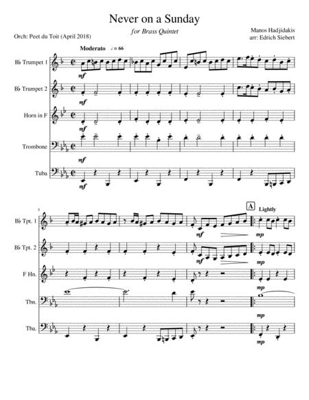 Never On A Sunday Manos Hadjidakis Brass Quintet Sheet Music