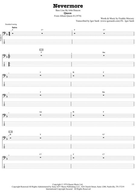 Free Sheet Music Nevermore Queen John Deacon Complete And Accurate Bass Transcription Whit Tab