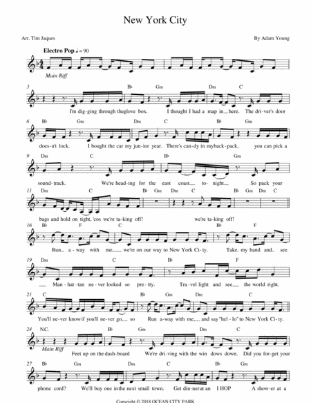 New York City By Owl City Vocal Lead Sheet Low Voice Sheet Music