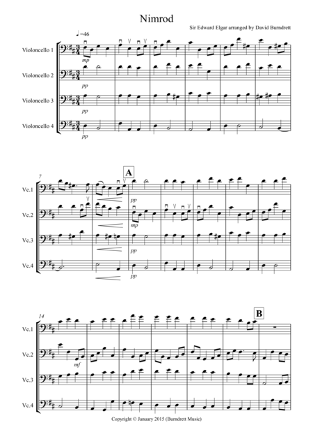 Free Sheet Music Nimrod From The Enigma Variations For Cello Quartet