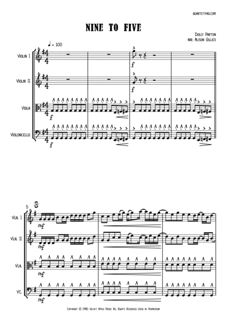 Nine To Five String Quartet Sheet Music