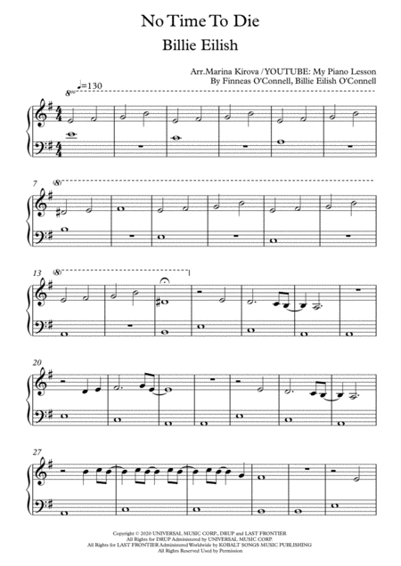 No Time To Die By Billie Eilish Easy Piano In Easy To Read Format Sheet Music