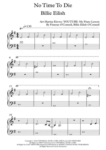 No Time To Die By Billie Eilish Easy Piano With Note Names In Easy To Read Format Sheet Music