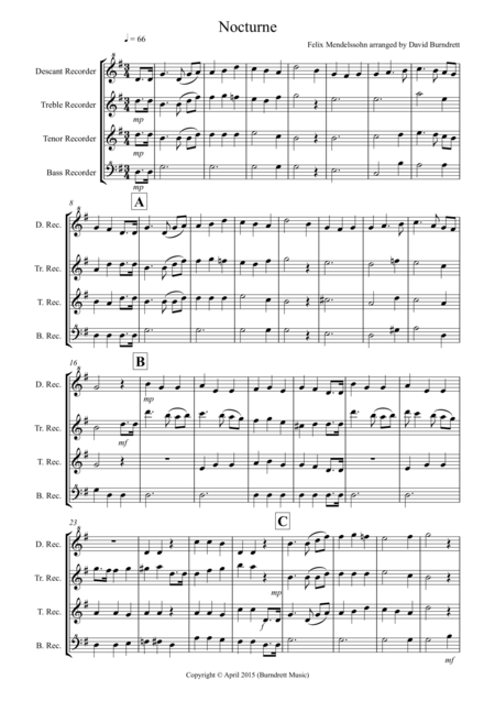 Nocturne From A Midsummer Nights Dream For Recorder Quartet Sheet Music