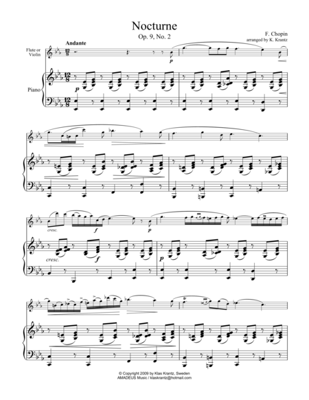 Free Sheet Music Nocturne Op 9 No 2 Abridged For Violin Or Flute And Piano
