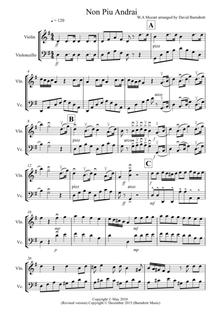 Non Pi Andrai For Violin And Cello Duet Sheet Music