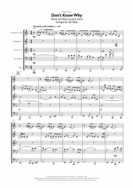 Norah Jones Dont Know Why For Brass Quintet Sheet Music