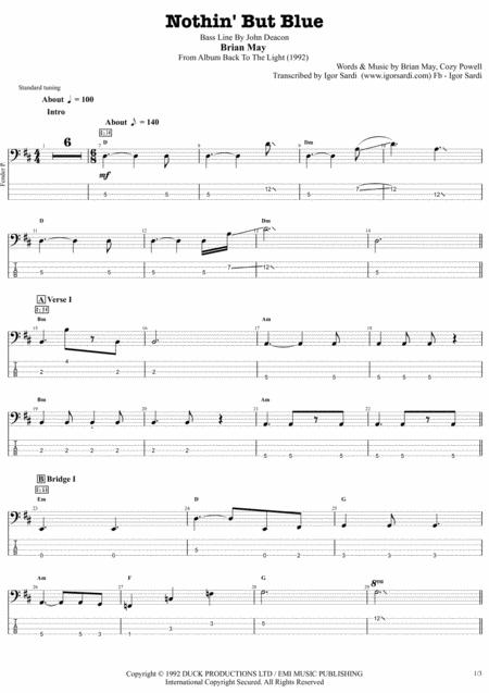 Nothing But Blue Brian May Whit John Deacon Complete And Accurate Bass Transcription Whit Tab Sheet Music