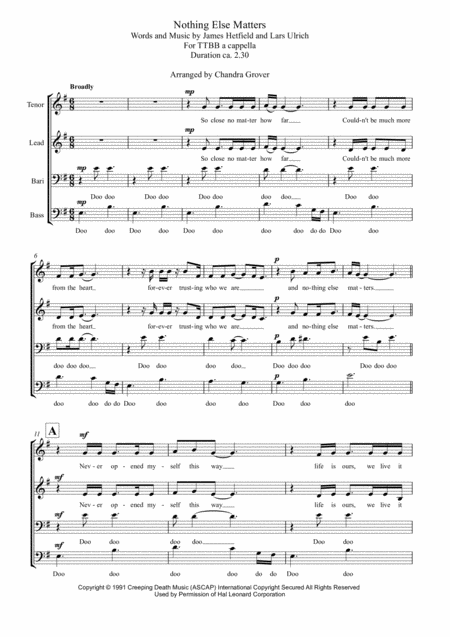 Nothing Else Matters Ttbb A Cappella For Choir Sheet Music