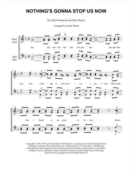 Nothings Gonna Stop Us Now Quartet Pricing Sheet Music