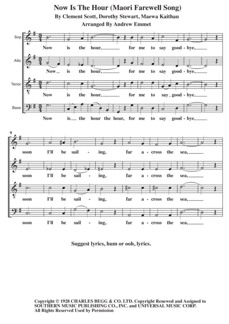 Free Sheet Music Now Is The Hour Maori Farewell Song A Cappella
