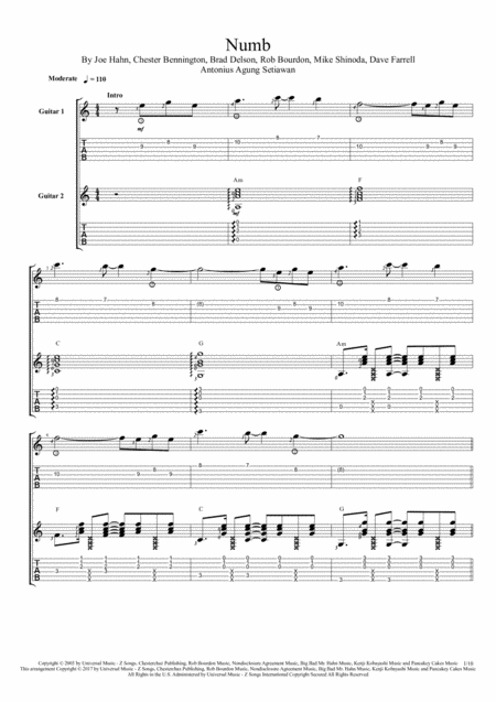 Numb Duet Guitar Tablature Sheet Music