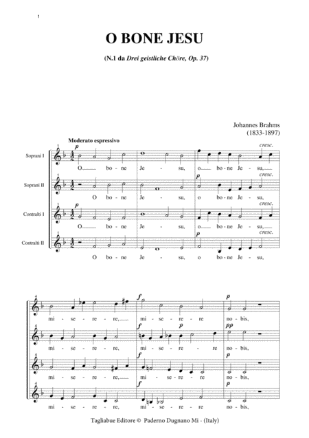 O Bone Jesu J Brahms For Ssaa Choir Sheet Music