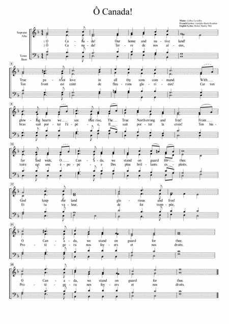 Free Sheet Music O Canada Bilingual Version For Satb Choir