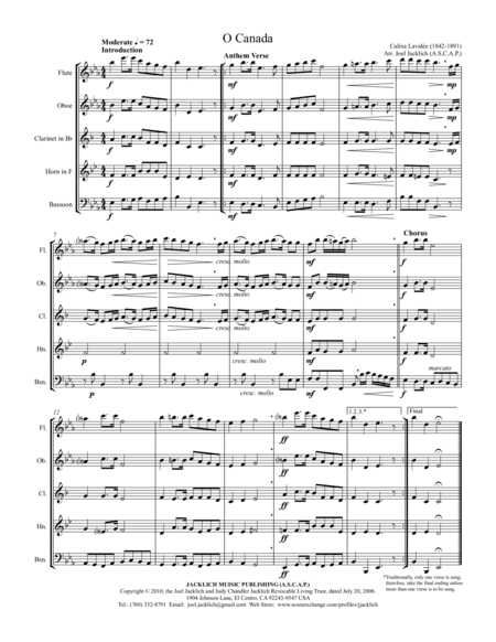 O Canada Woodwind Quintet Sheet Music