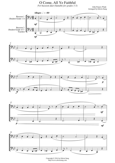 Free Sheet Music O Come All Ye Faithful For Bassoon Duet Suitable For Grades 1 5