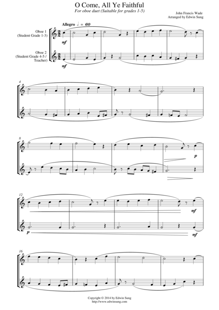 Free Sheet Music O Come All Ye Faithful For Oboe Duet Suitable For Grades 1 5