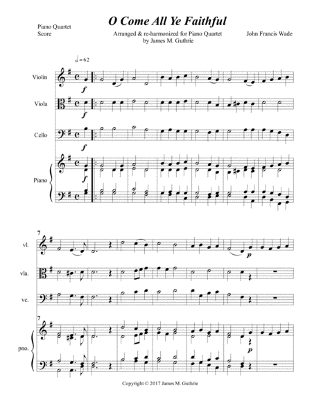 O Come All Ye Faithful For Piano Quartet Sheet Music