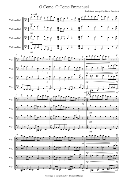 Free Sheet Music O Come O Come Emmanuel For Cello Quartet