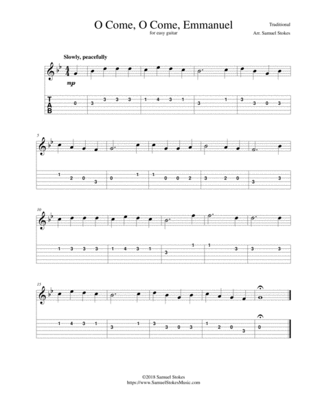 Free Sheet Music O Come O Come Emmanuel For Easy Guitar With Tab