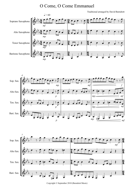 O Come O Come Emmanuel For Saxophone Quartet Sheet Music