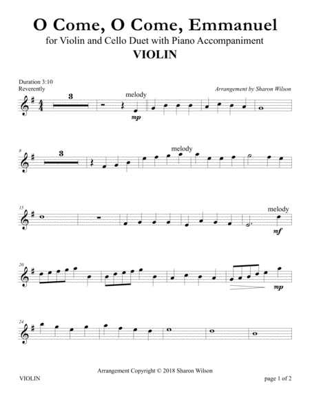 Free Sheet Music O Come O Come Emmanuel For Violin And Cello Duet With Piano Accompaniment