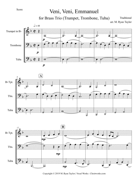 O Come O Come Emmanuel Veni Veni Emmanuel For Brass Trio Trumpet Trombone Tuba Sheet Music